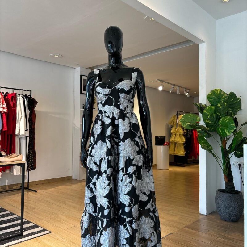 ASOS -Robe Longue à Bretelles et Corset - Noir et  Imprimé Argent