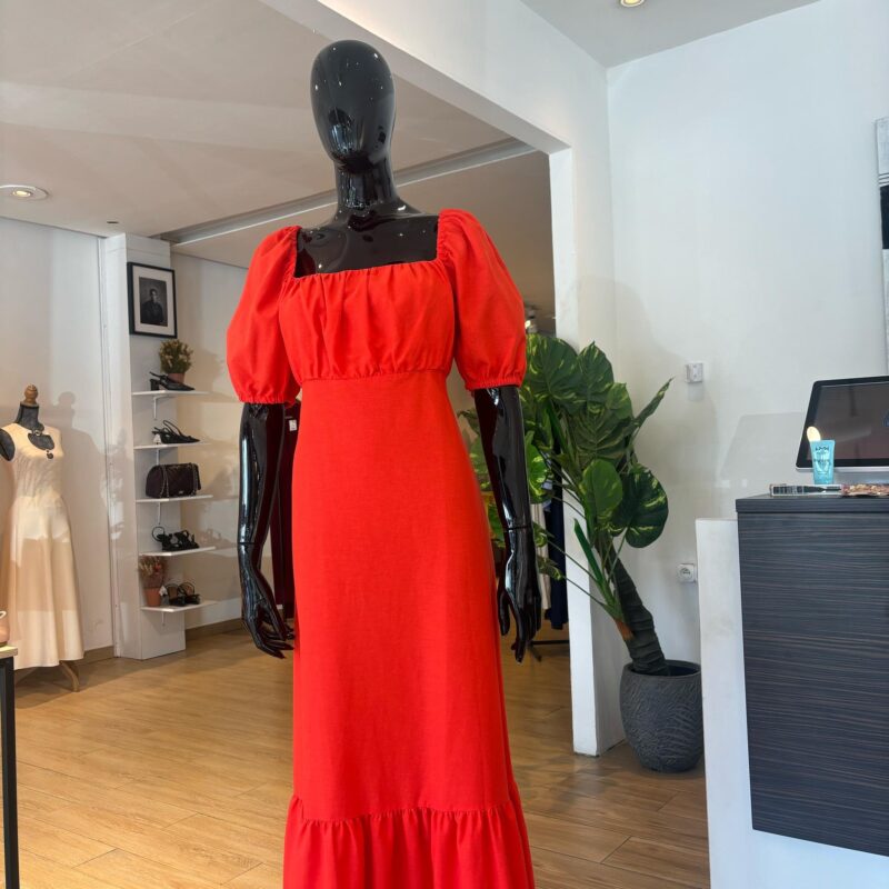 RIVER ISLAND - Robe Nervurée et Manches Ballons - Rouge