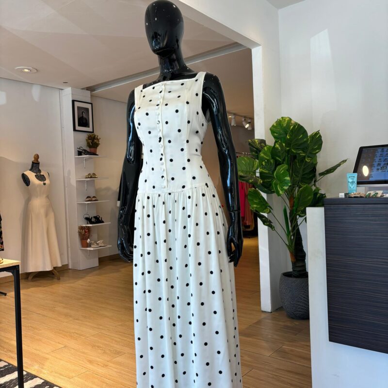 KAIIA - Robe Encolure Carrée à Pois et Boutons - Blanc Satin