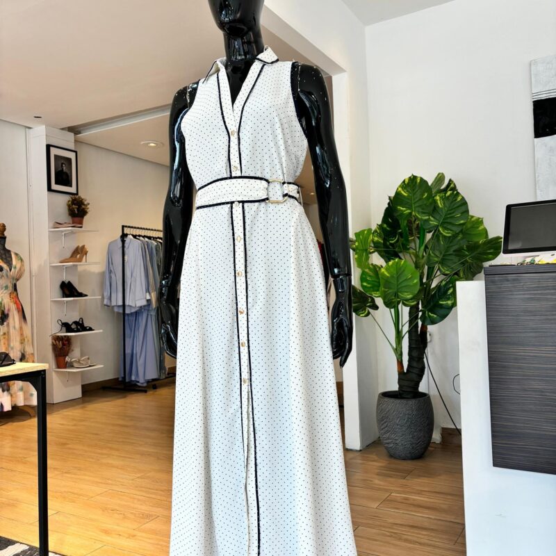Robe Chemise Midi à Pois - Écru et Bleu Marine