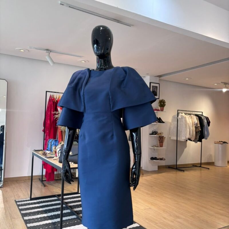 Robe Midi à Manches Volantées - Bleu Marine et Satiné